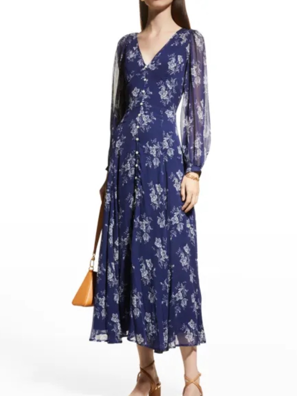 Polo Ralph Lauren Women’s Maxi Dress Sheer Sleeve Navy Size 12 - Picture 2 of 11